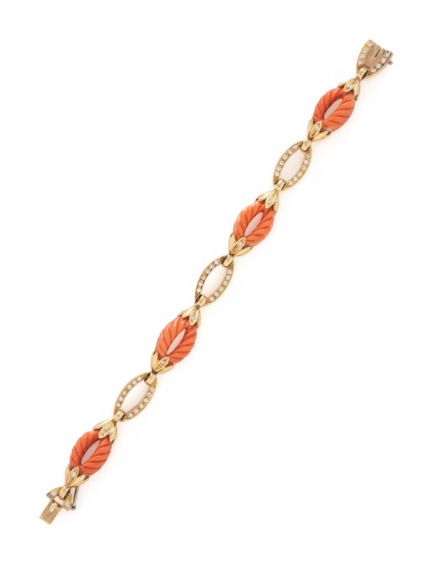 YELLOW GOLD, CORAL, AND DIAMOND BRACELET