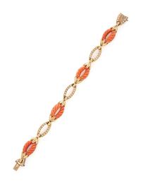YELLOW GOLD, CORAL, AND DIAMOND BRACELET
