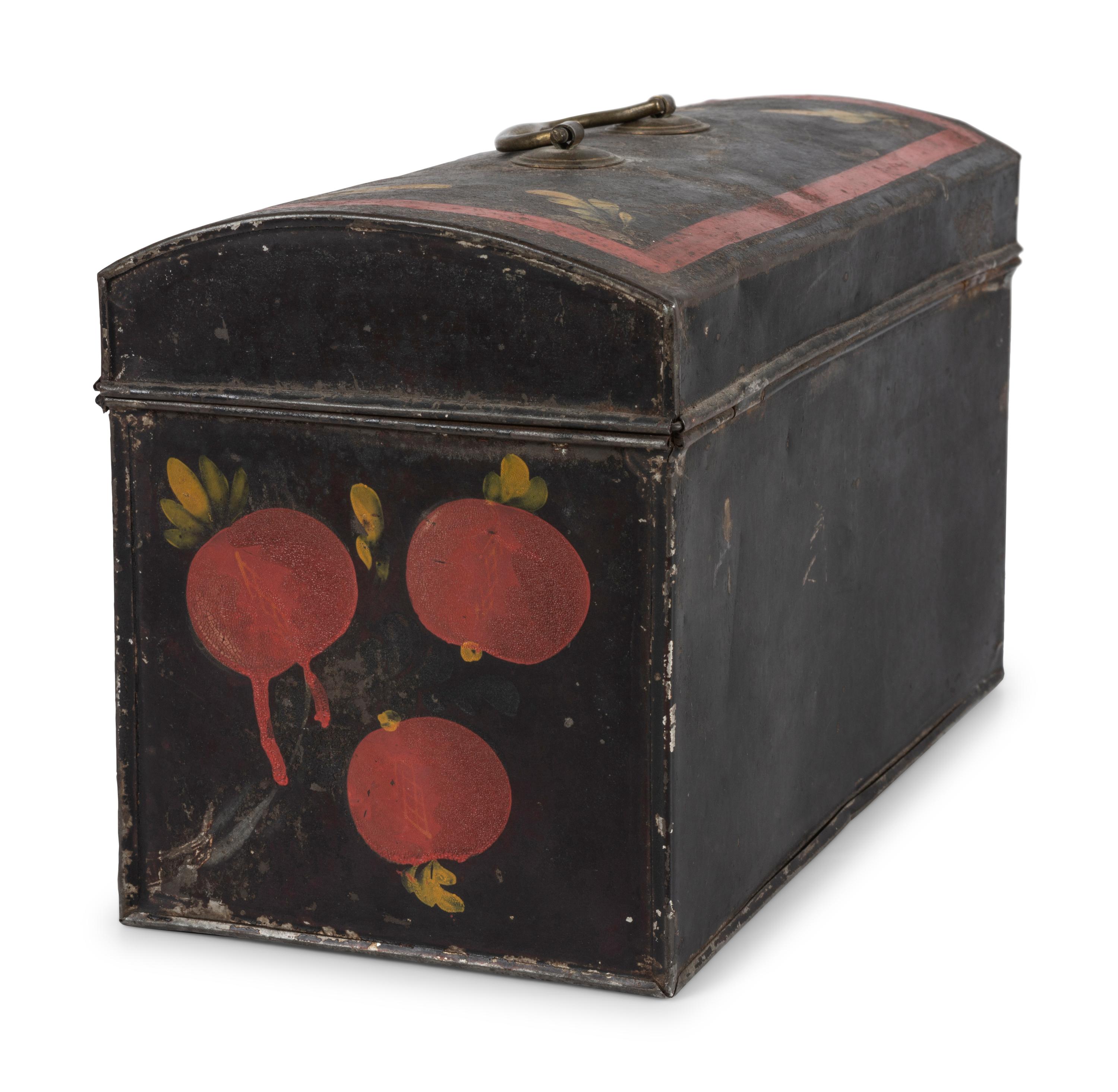 A Toleware Pomegranate or Cherry Paint Decorated Dome-Top Box