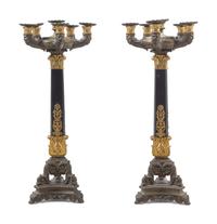 A Pair of Charles X Gilt and Patinated Bronze Six-Light Candelabra