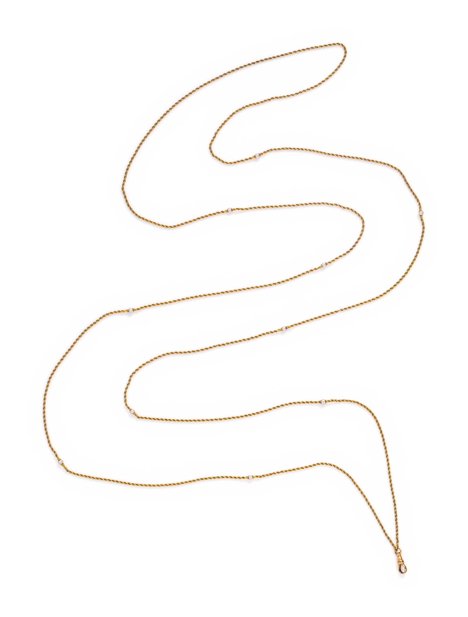 YELLOW GOLD AND CULTURED PEARL FOB CHAIN NECKLACE