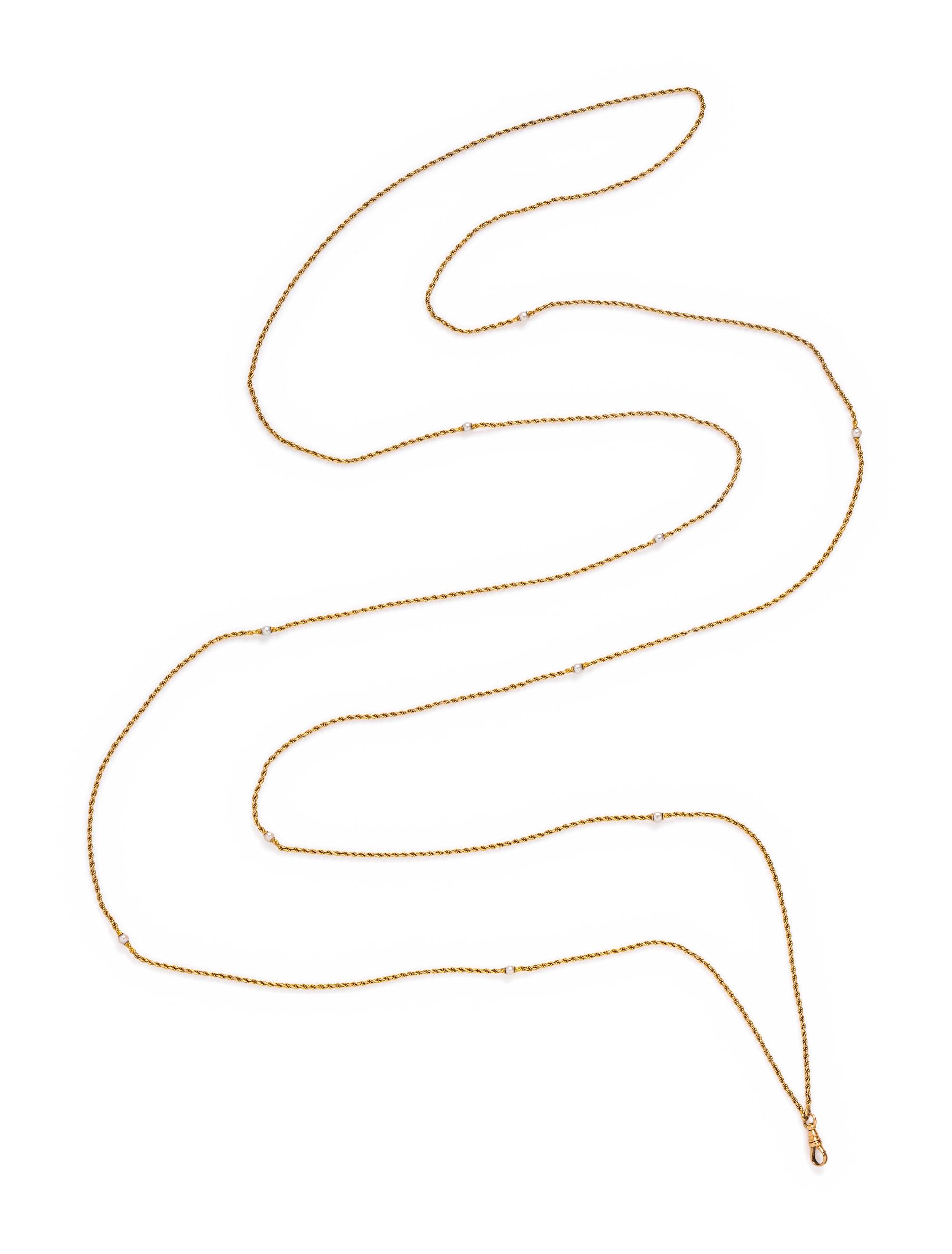 YELLOW GOLD AND CULTURED PEARL FOB CHAIN NECKLACE