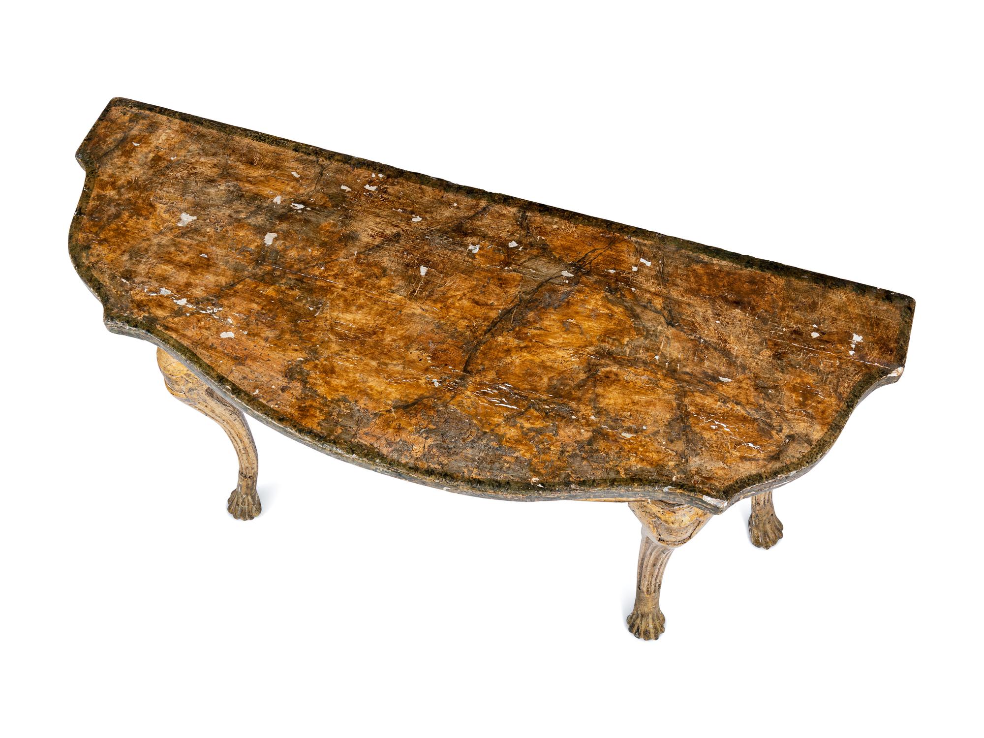 A Pair of Italian Gilt and Silvered Faux Marble-Top Console Tables