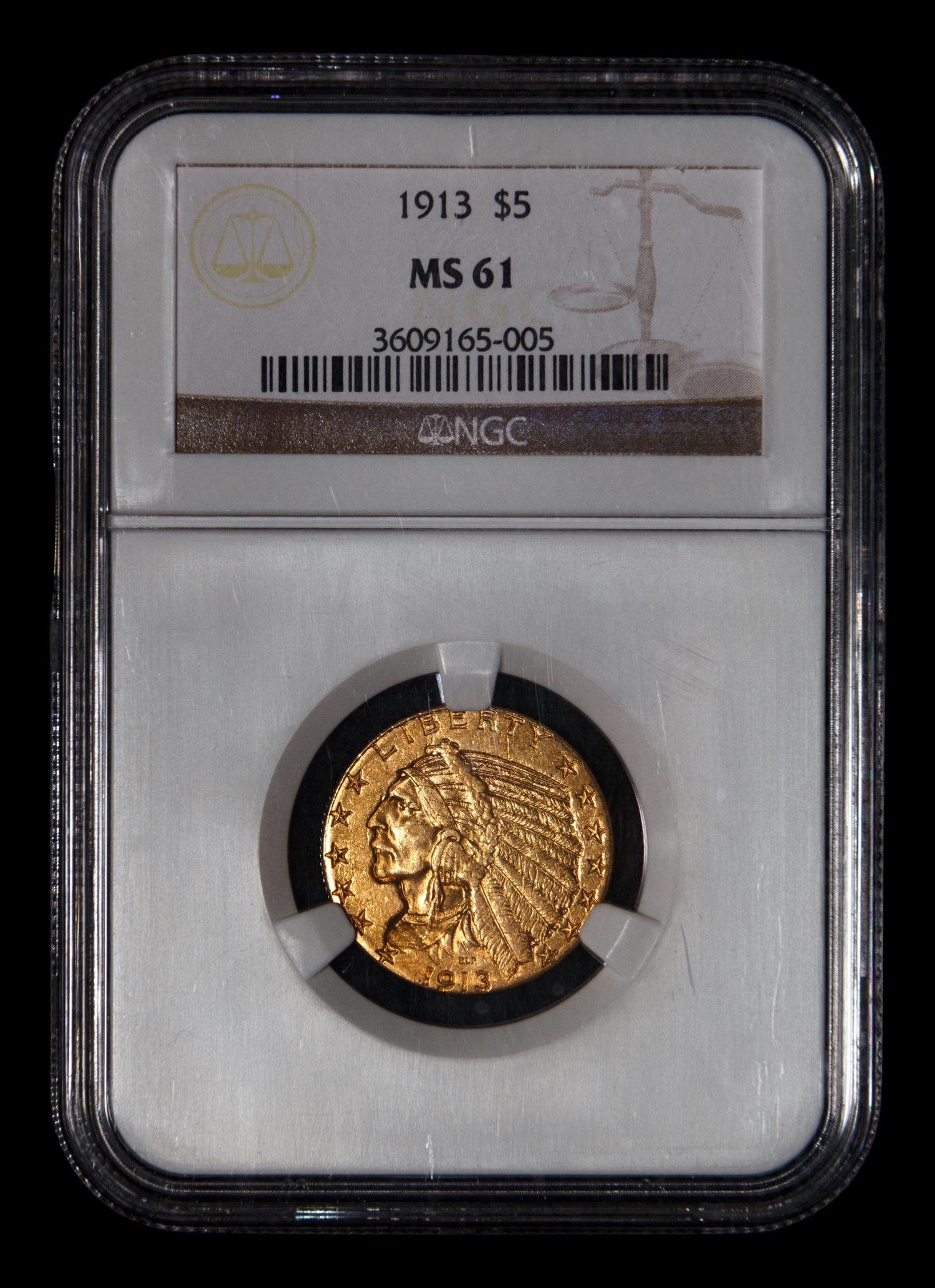 A 1913 Indian Head $5 Gold Coin (NGC MS61)