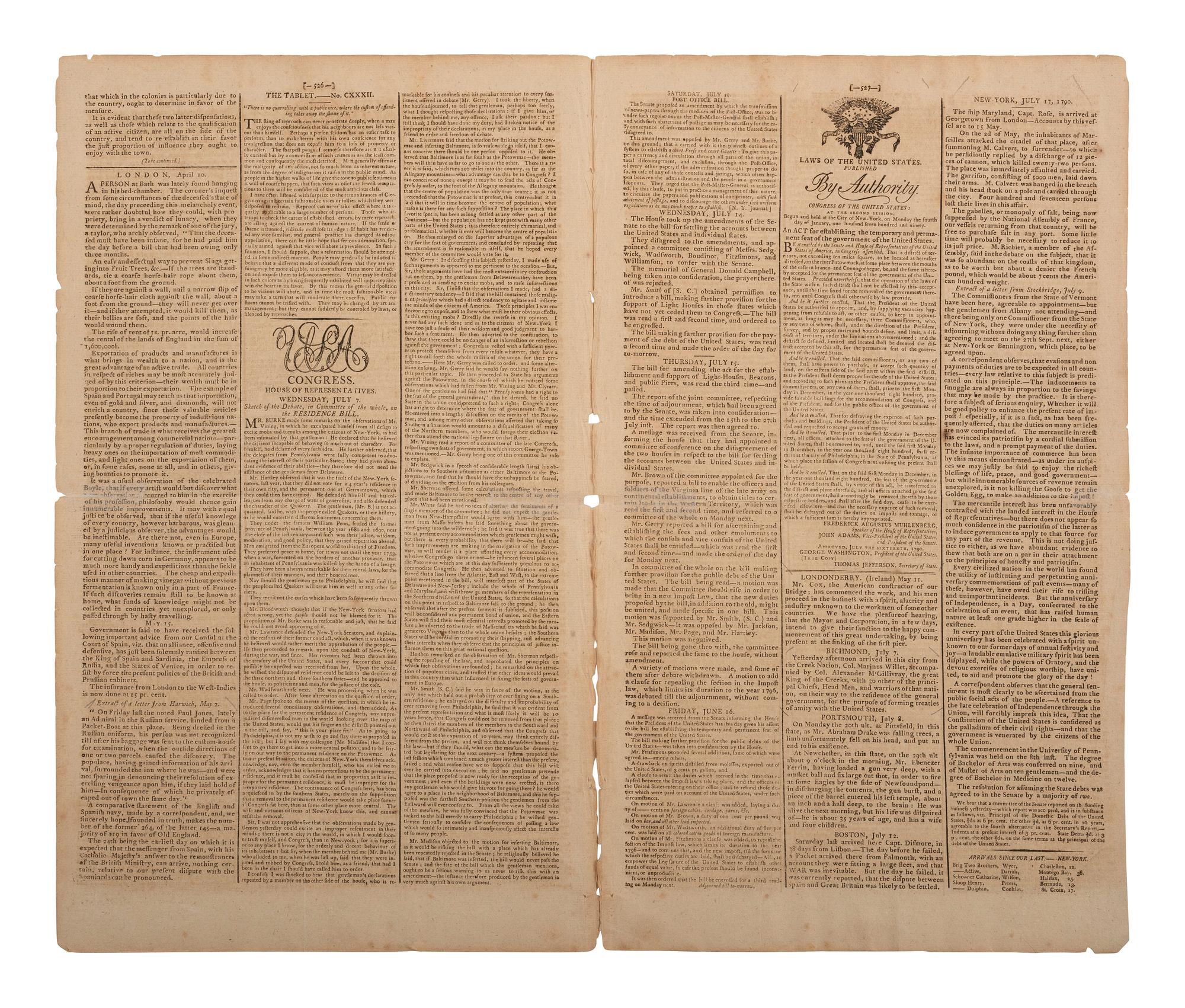 [WASHINGTON, DC]. First newspaper printing of the Act establishing the Federal Capital City.
