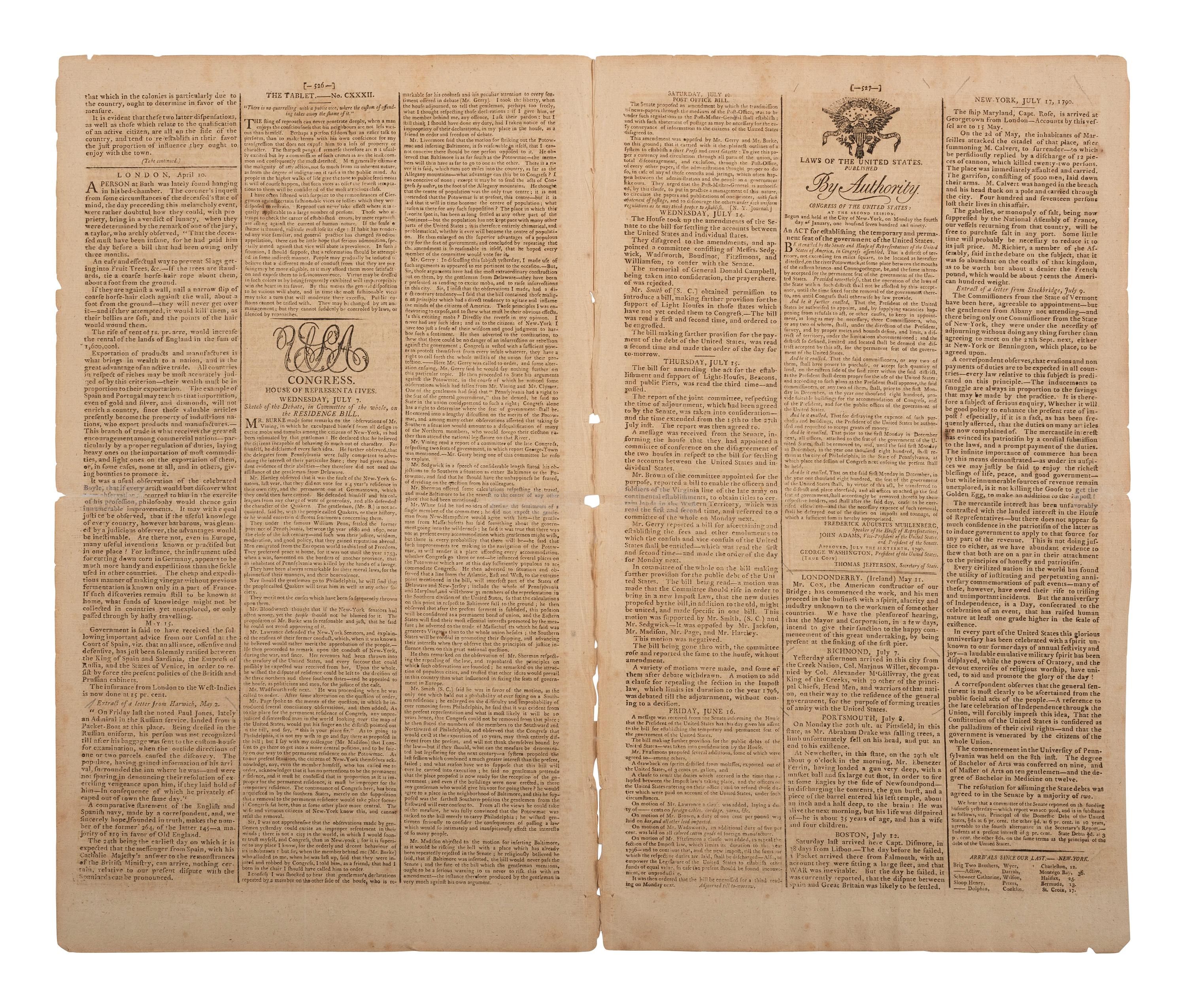 [WASHINGTON, DC]. First newspaper printing of the Act establishing the Federal Capital City.