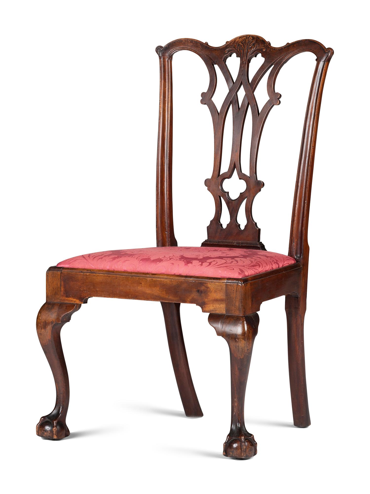 A Chippendale Carved and Figured Mahogany Claw-and-Ball Foot Side Chair