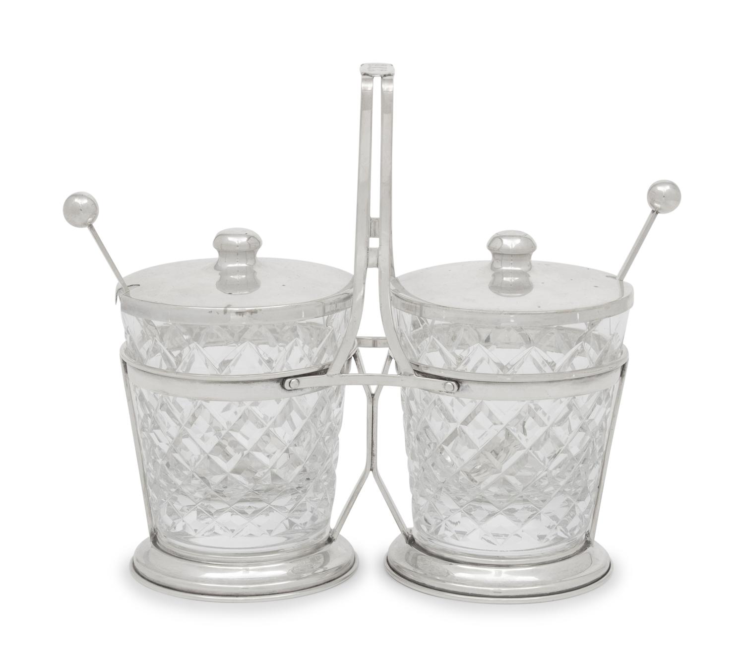 An American Silver and Cut Glass Jam Pot Set