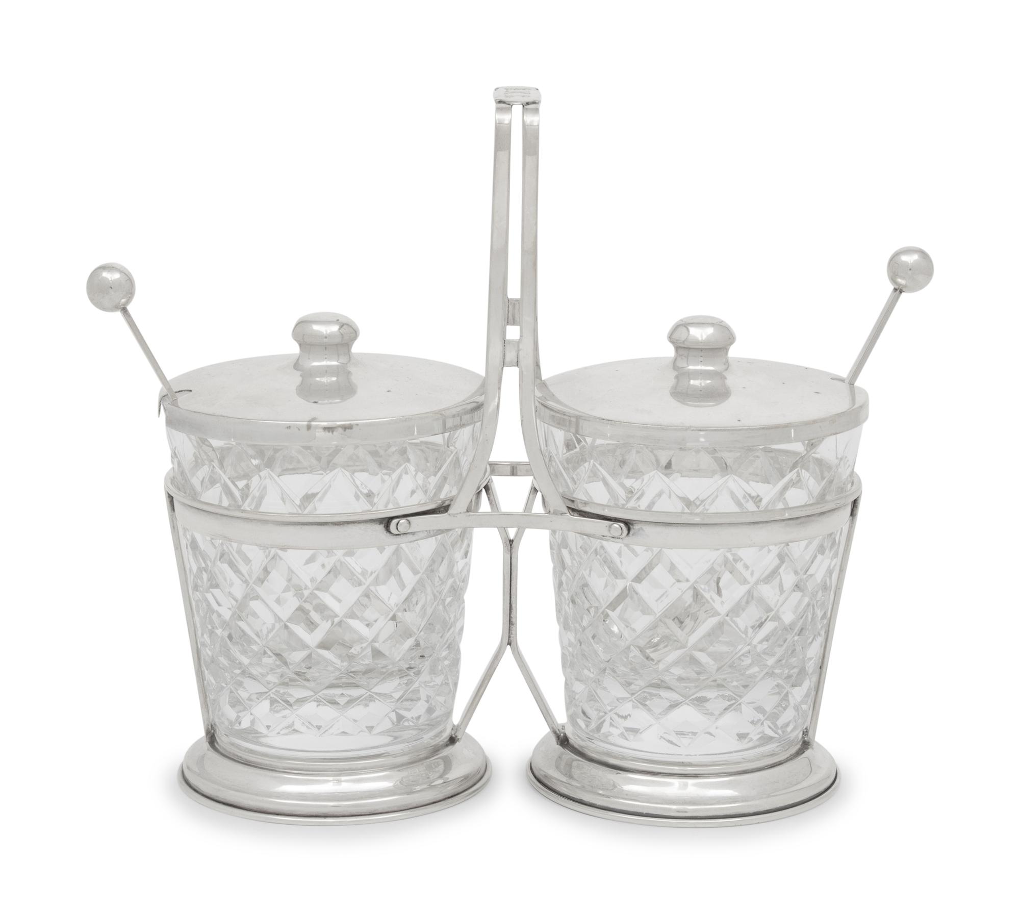 An American Silver and Cut Glass Jam Pot Set