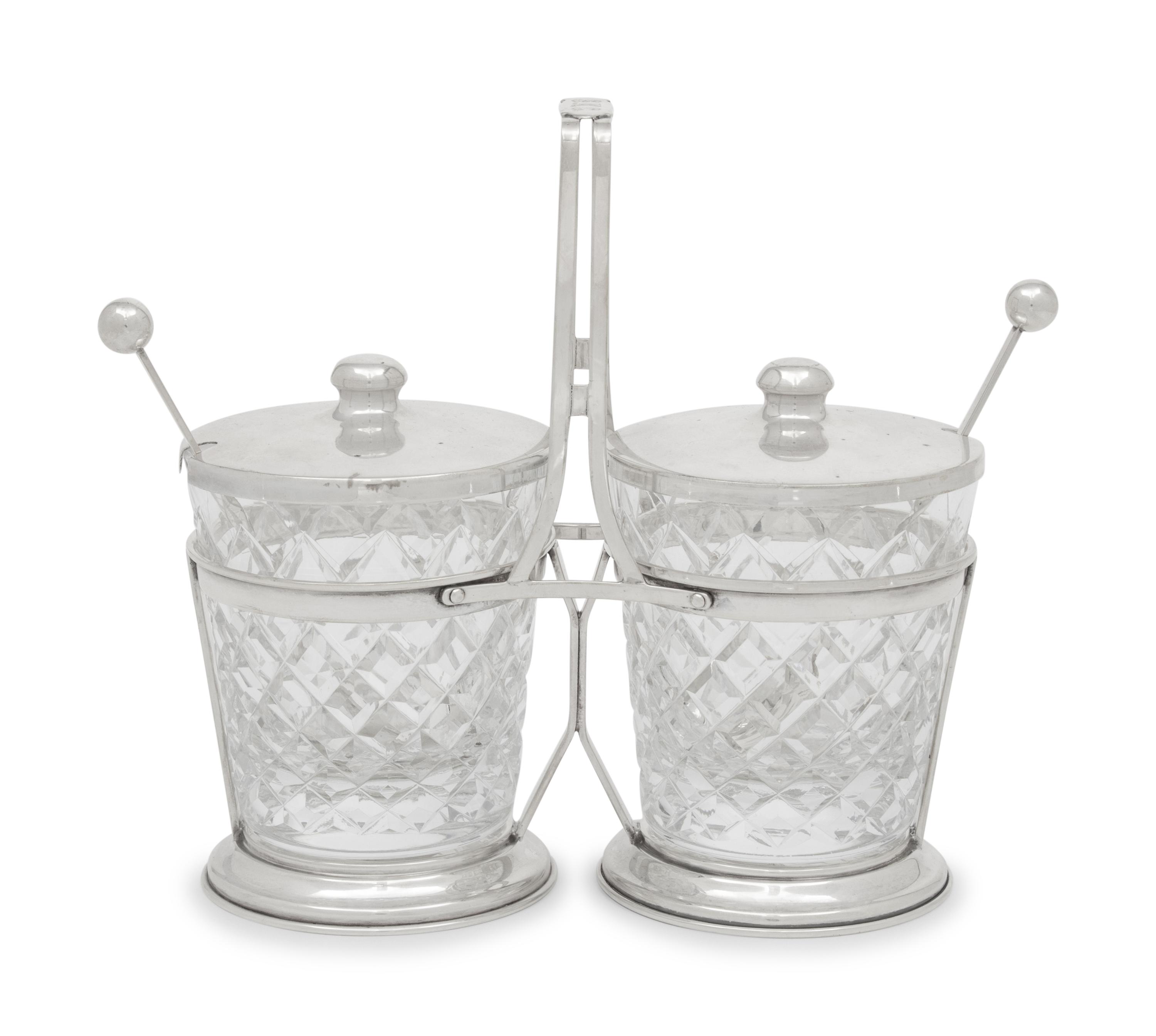 An American Silver and Cut Glass Jam Pot Set