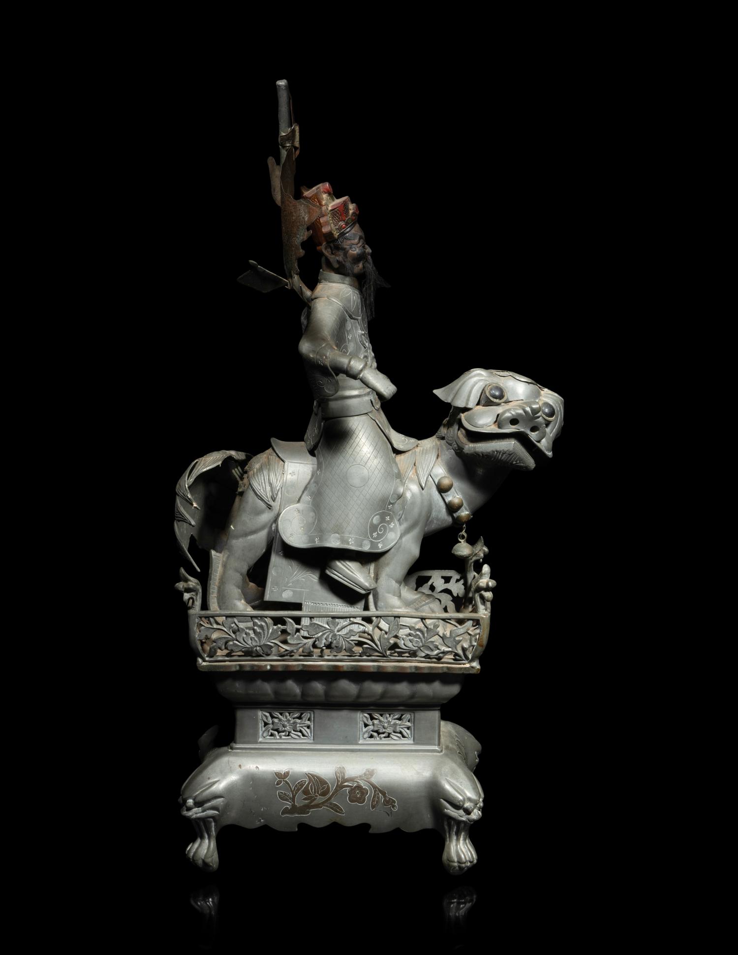 A Chinese Pewter Figural Group of Guan Gong