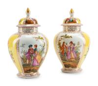 A Pair of Dresden Porcelain Covered Urns