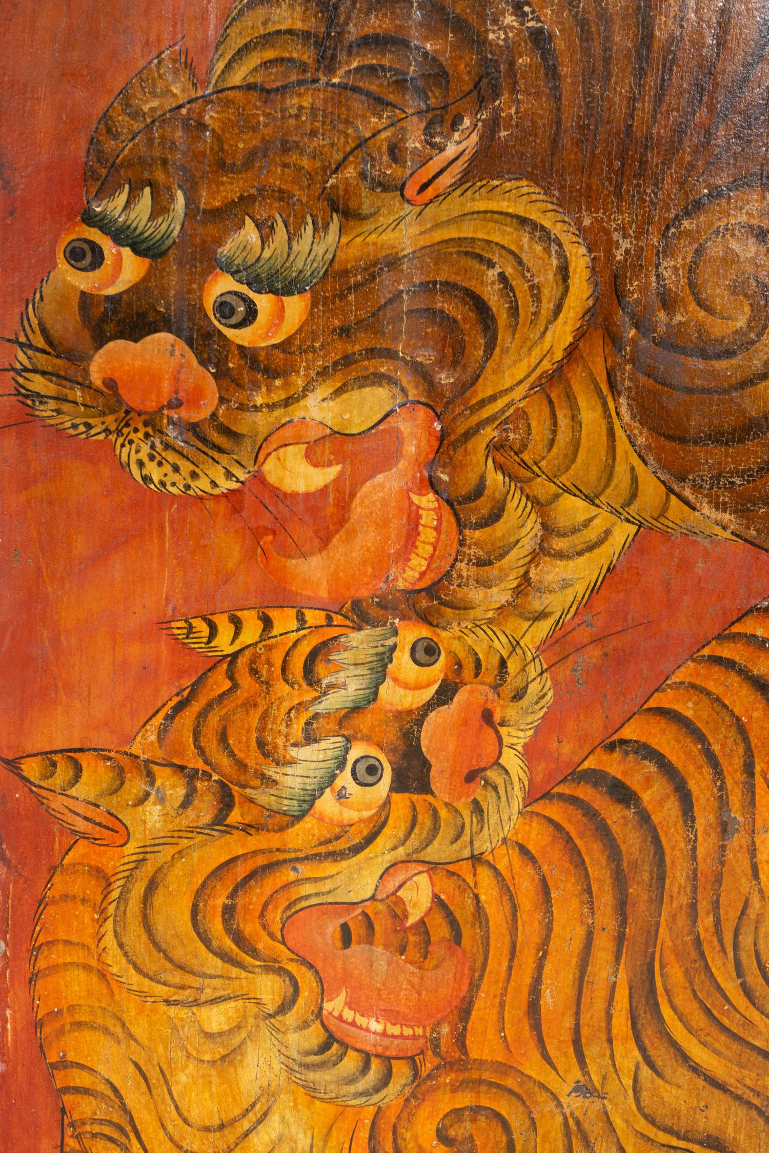 A Tibetan Polychrome Painted Tiger Door