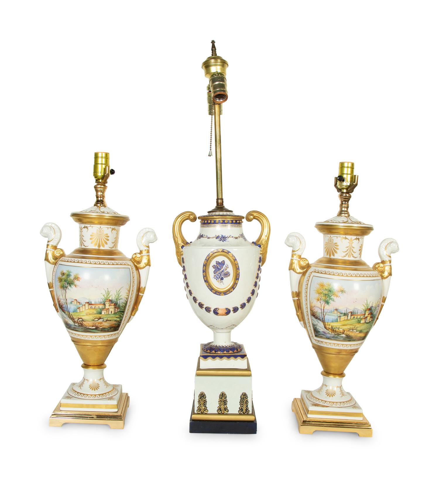 A Pair of Paris Porcelain Lamps and an Additional Lamp