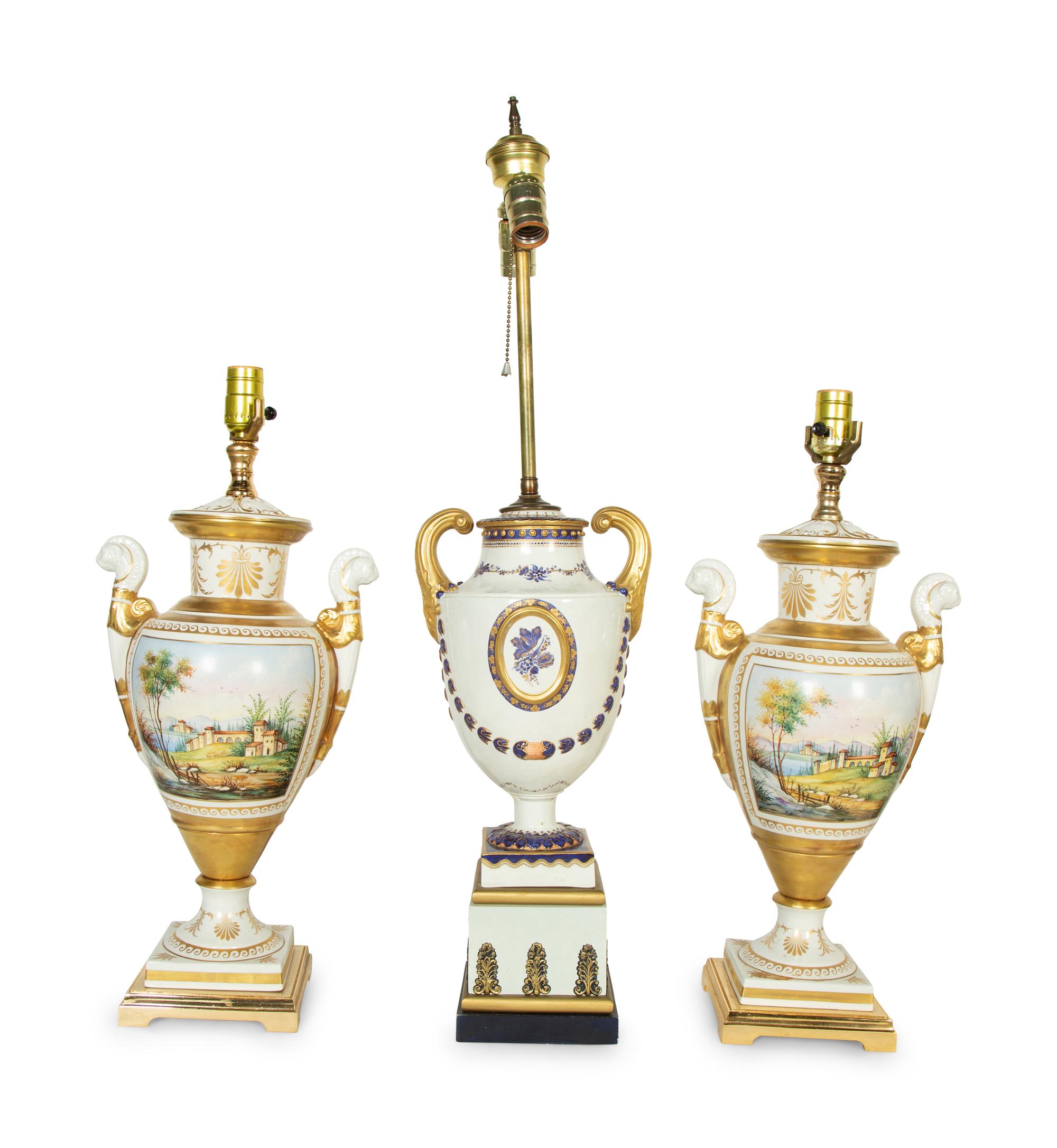 A Pair of Paris Porcelain Lamps and an Additional Lamp