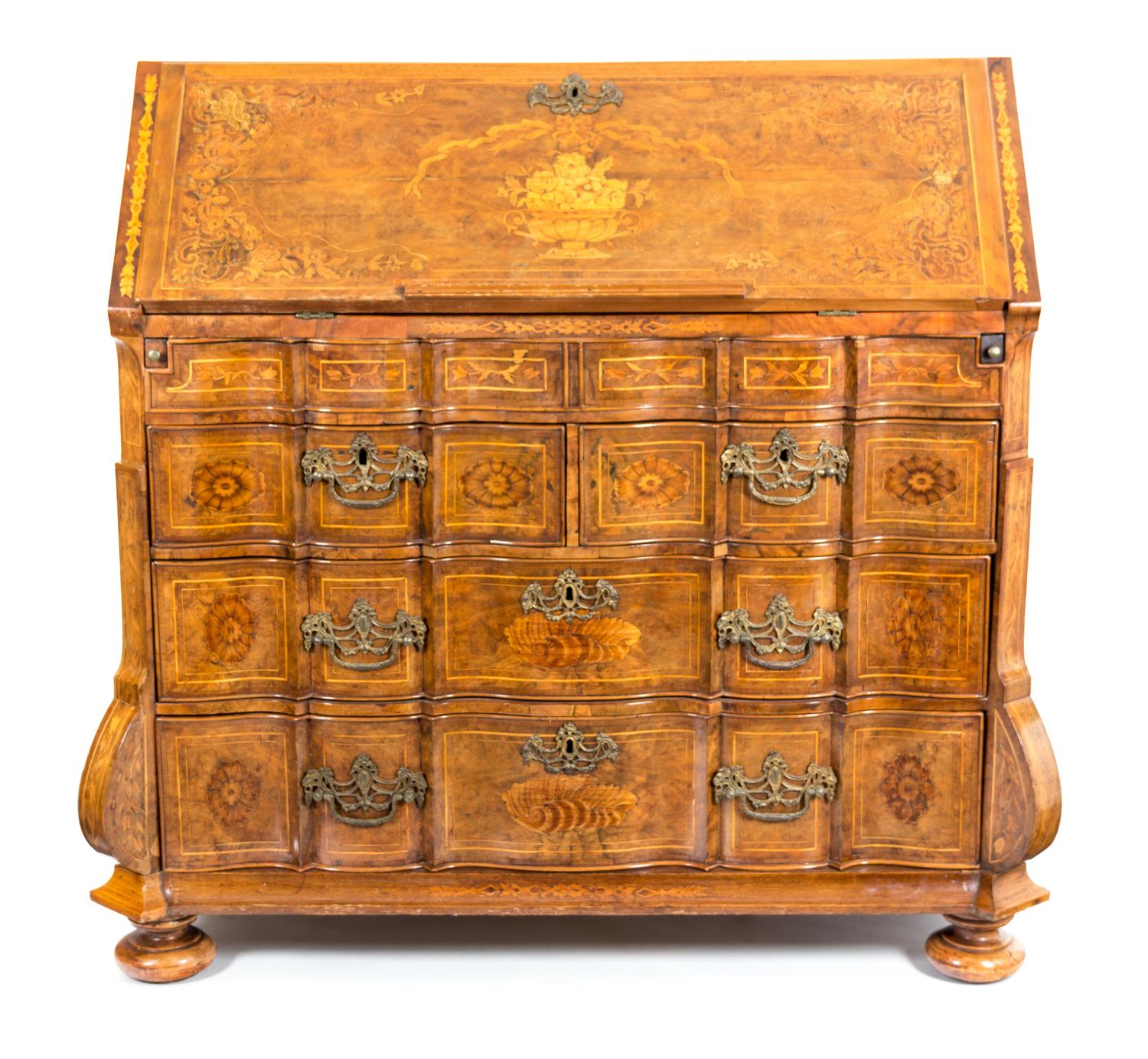 A Dutch Walnut and Marquetry Bureau Height 45 1/2 x width 44 x depth 24 inches. — 19TH CENTURY