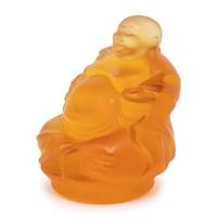 A Lalique Amber Glass Happy Buddha Figure