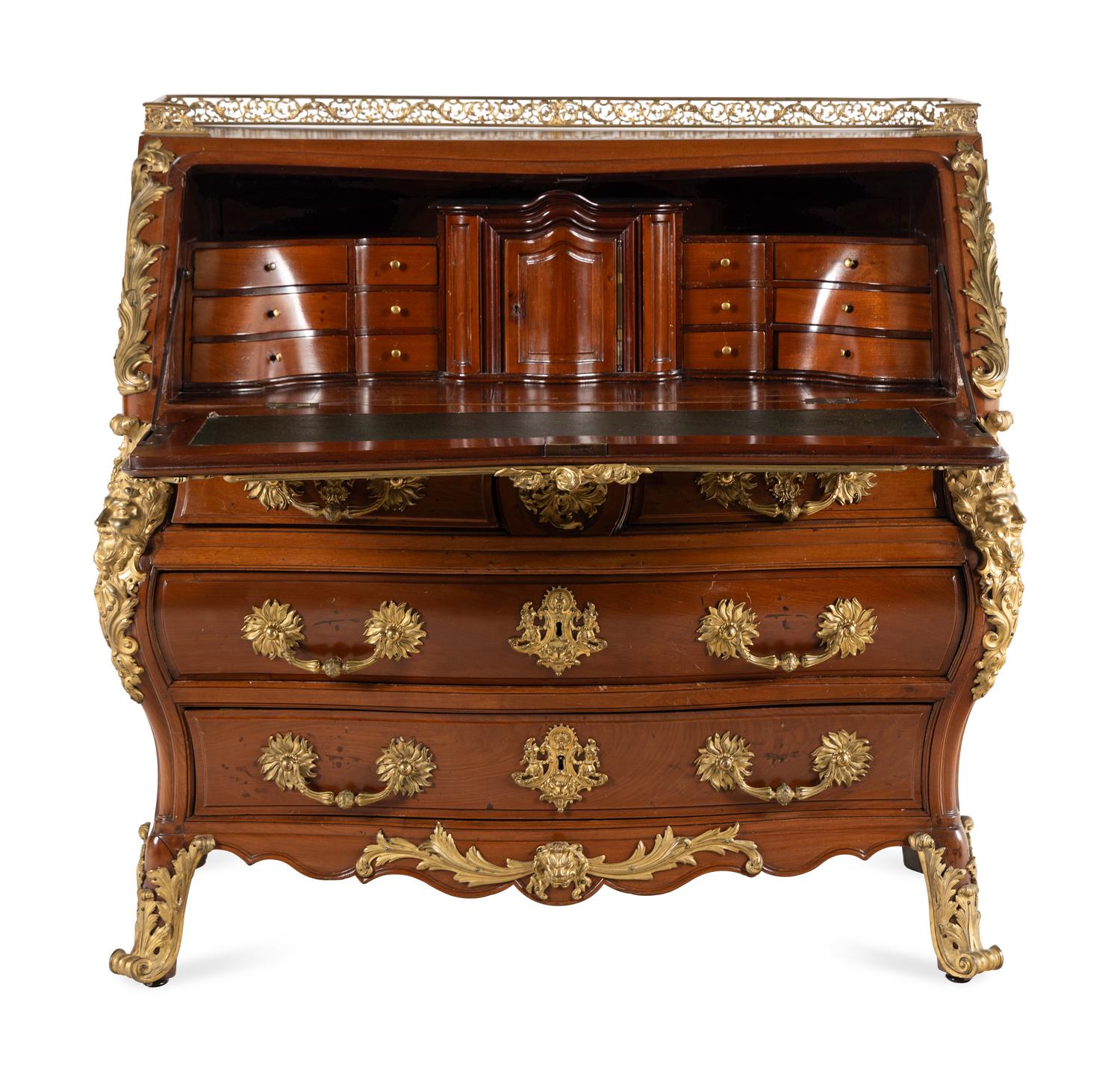 A Louis XV Style Gilt Bronze Mounted Mahogany Slant-Front Bureau