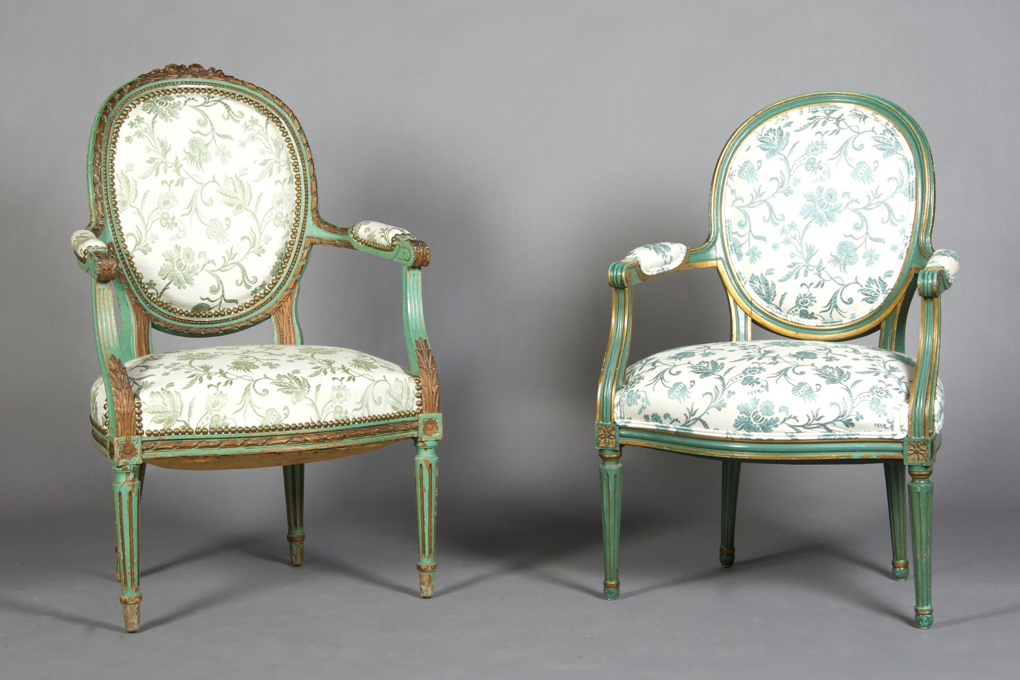 A Pair of Louis XVI Style Painted Fauteuil, Height 37 1/4 inches.