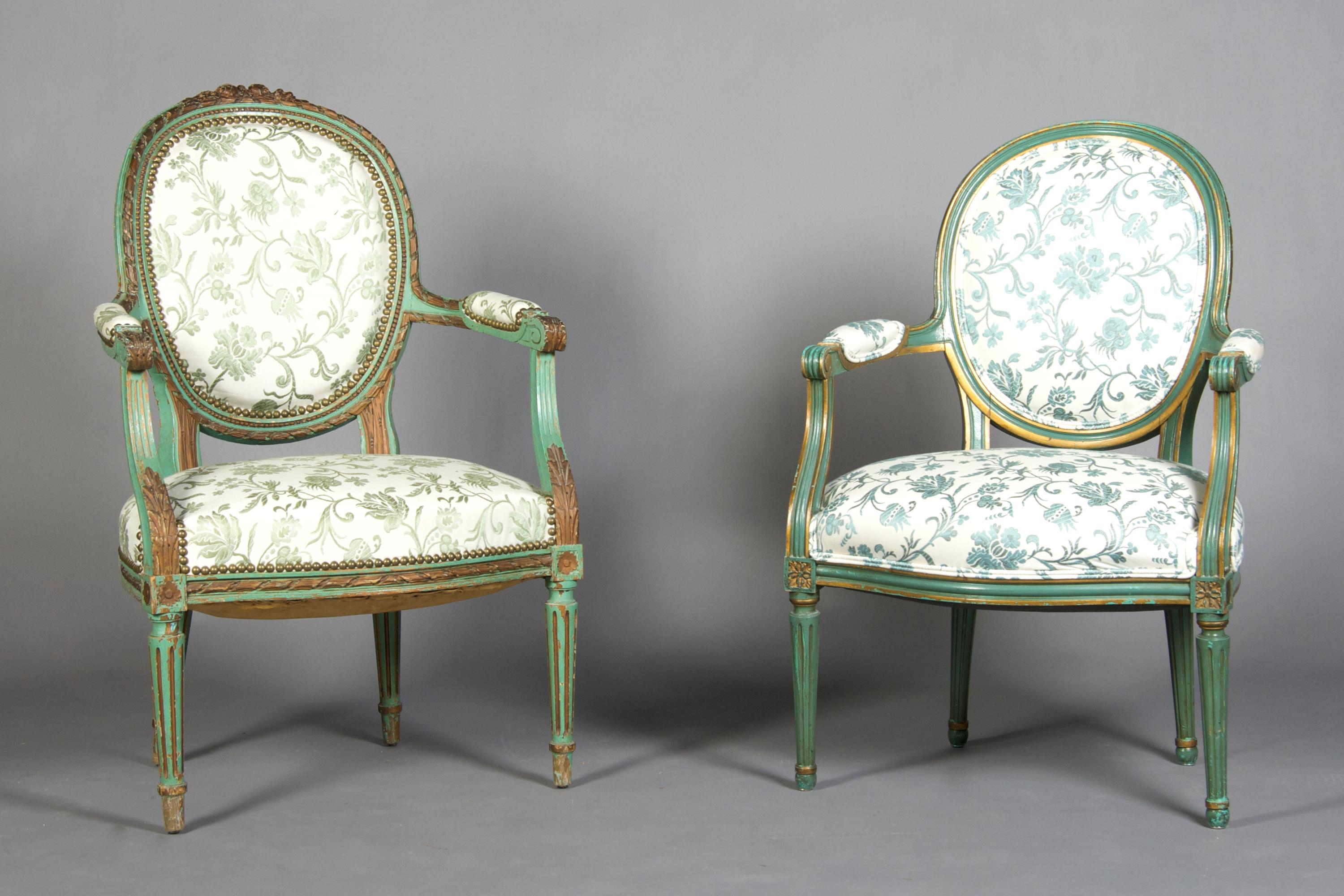 A Pair of Louis XVI Style Painted Fauteuil, Height 37 1/4 inches.