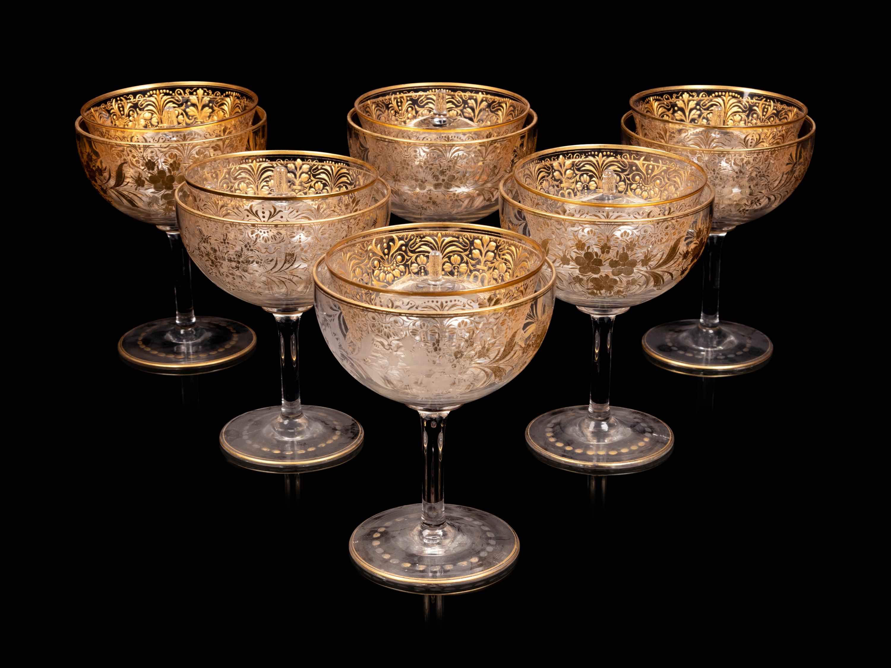 A Set of Twelve Gilt Decorated Glass Sorbets