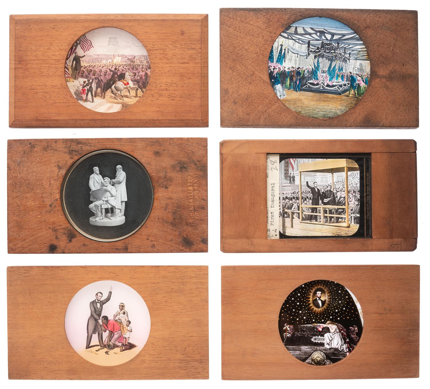 [LINCOLNIANA - MAGIC LANTERN SLIDES]. A collection of 65 assorted glass slides depicting important subjects and scenes depicting the life, death, and legacy of Abraham Lincoln, including: