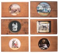 [LINCOLNIANA - MAGIC LANTERN SLIDES]. A collection of 65 assorted glass slides depicting important subjects and scenes depicting the life, death, and legacy of Abraham Lincoln, including: