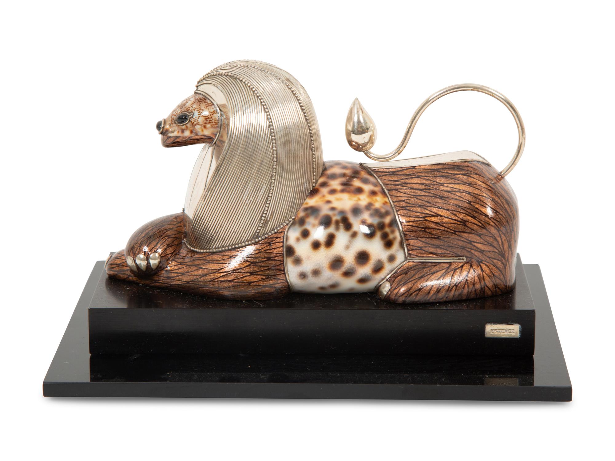 A Roberto Estevez Lion Seashell, Enamel and Silver Sculpture