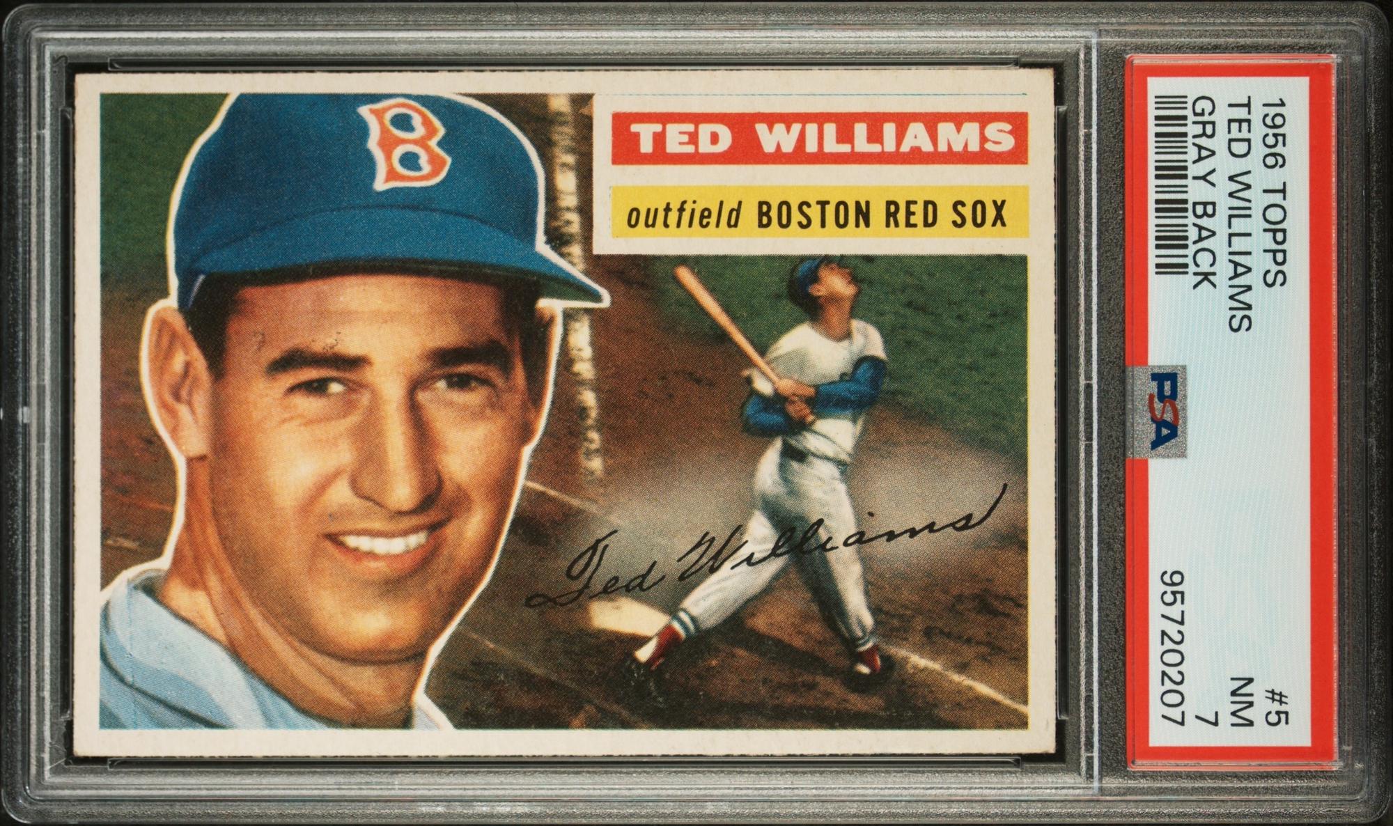 A 1956 Topps Ted Williams Baseball Card No. 5 (PSA 7 NM) Gray Back