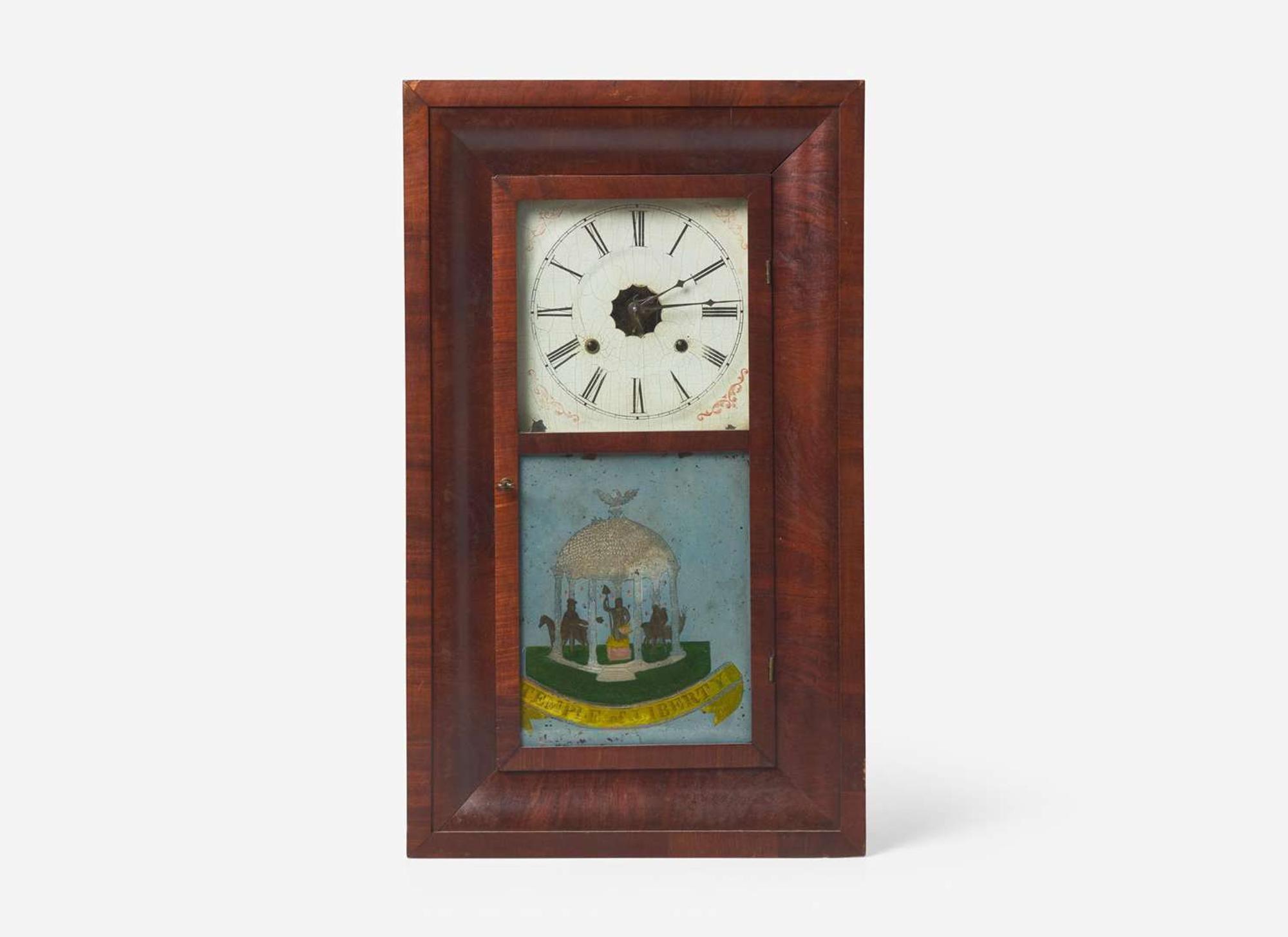 A rare Classical mahogany "Temple of Liberty" mantel clock, bears printed paper label of Terhune & Edwards, New York, circa 1834