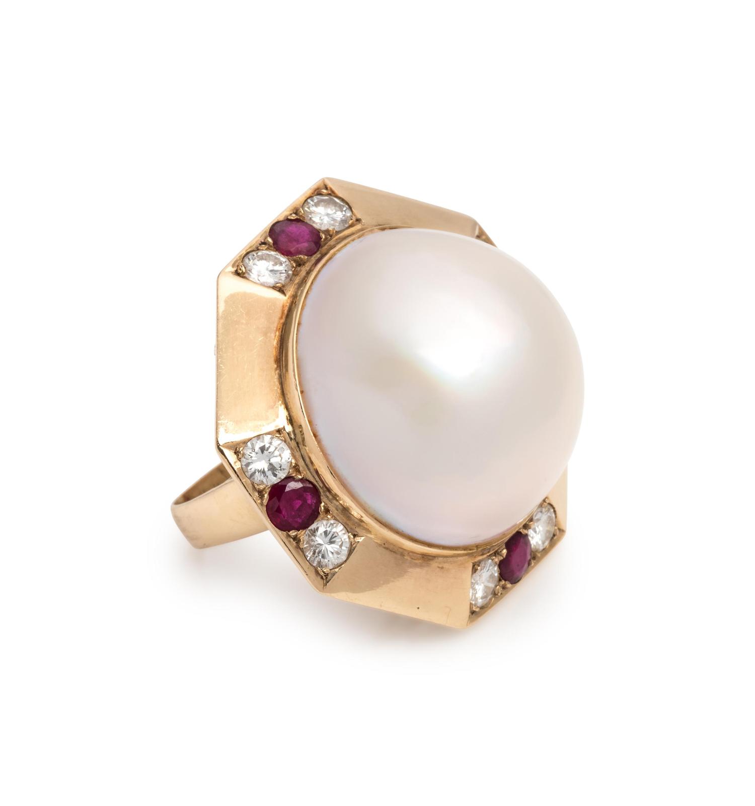 CULTURED MABE PEARL, DIAMOND AND RUBY RING