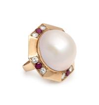 CULTURED MABE PEARL, DIAMOND AND RUBY RING