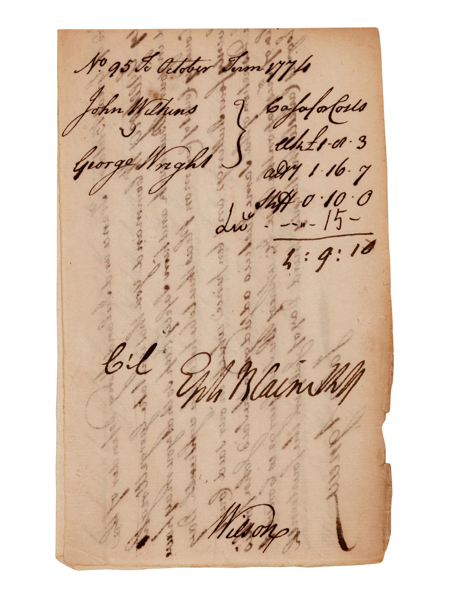 WILSON, James (1742-1798), signer of the Declaration of Independence and Constitution. Ink endorsement signature ("Wilson"), on the verso of an autograph document signed by John Agnew. 1774.