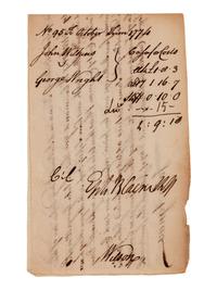 WILSON, James (1742-1798), signer of the Declaration of Independence and Constitution. Ink endorsement signature ("Wilson"), on the verso of an autograph document signed by John Agnew. 1774.