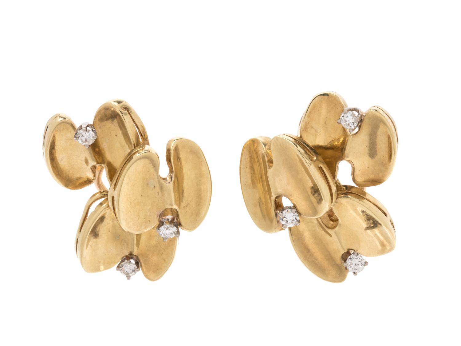 A Pair of Yellow Gold and Diamond Earclips,
