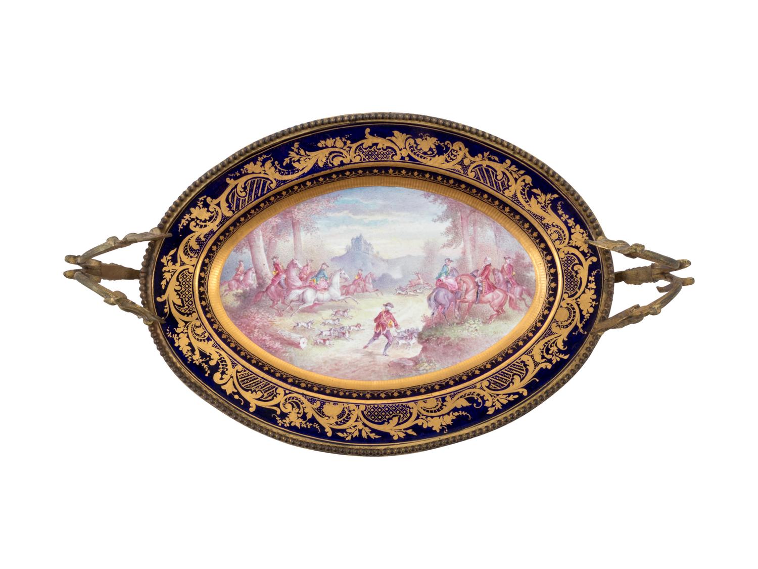 A Sèvres Style Gilt Metal Mounted Painted and Parcel Gilt Porcelain Center Bowl