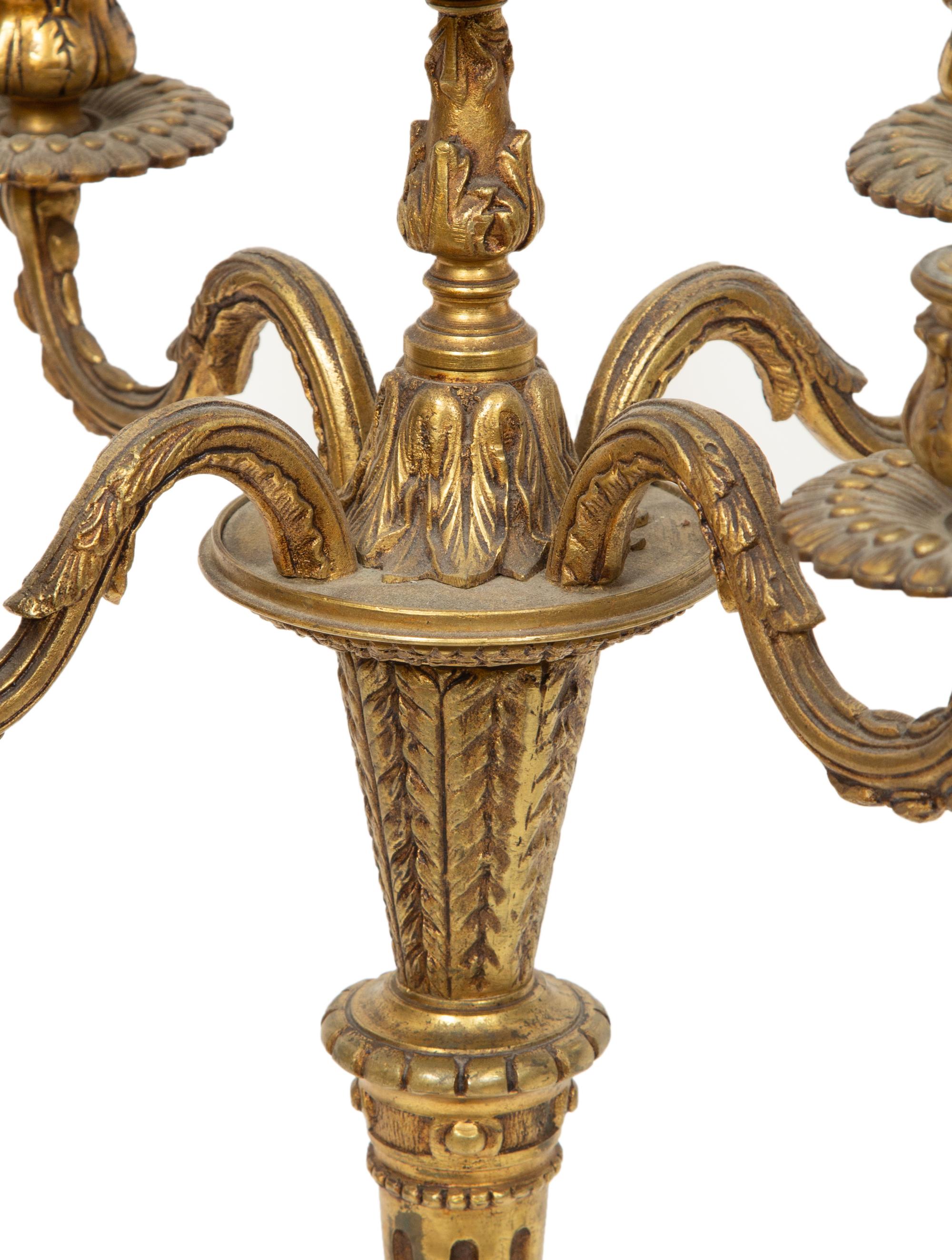 A Pair of French Gilt Metal Four-Light Candelabra Mounted as Lamps