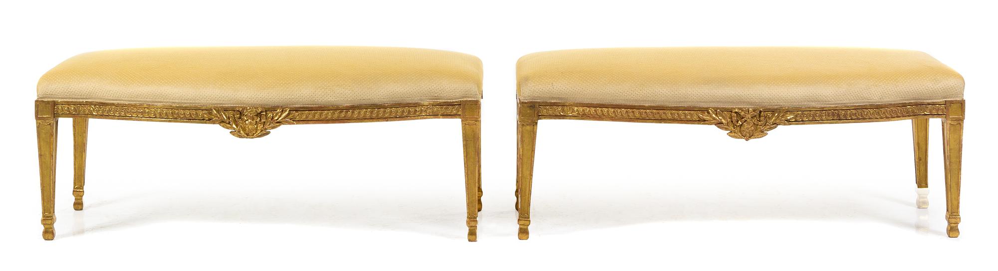 A Pair of Louis XVI Style Giltwood Benches Height 16 x width 42 x depth 17 inches. — 19TH CENTURY