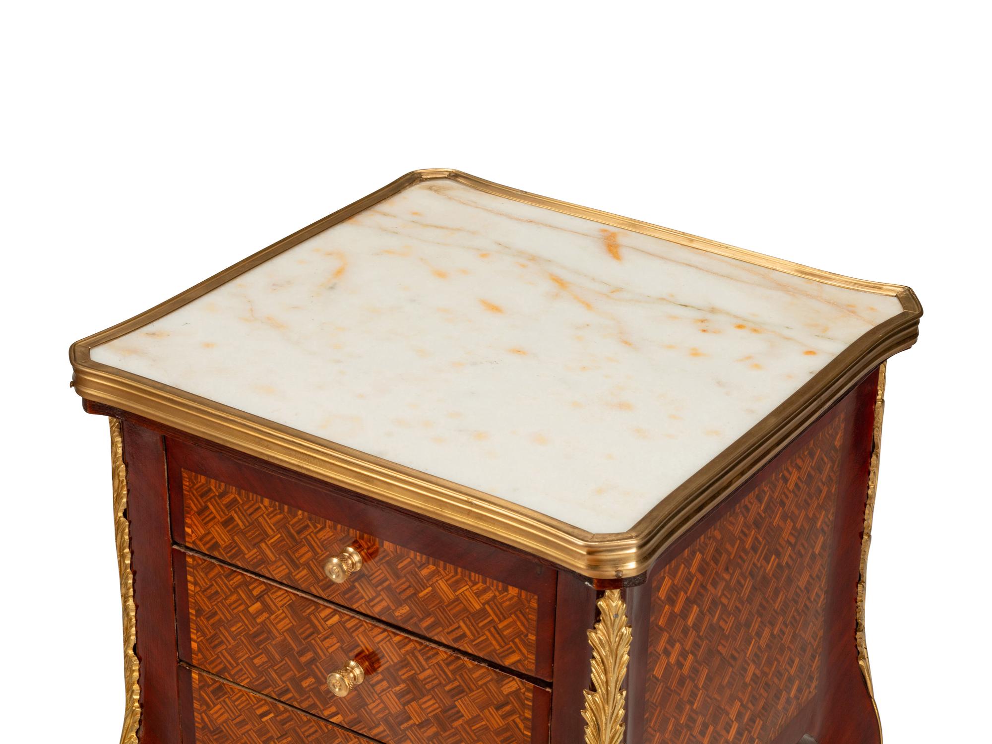 A Pair of Louis XV Style Gilt Bronze Mounted Marquetry Marble-Top Side Tables