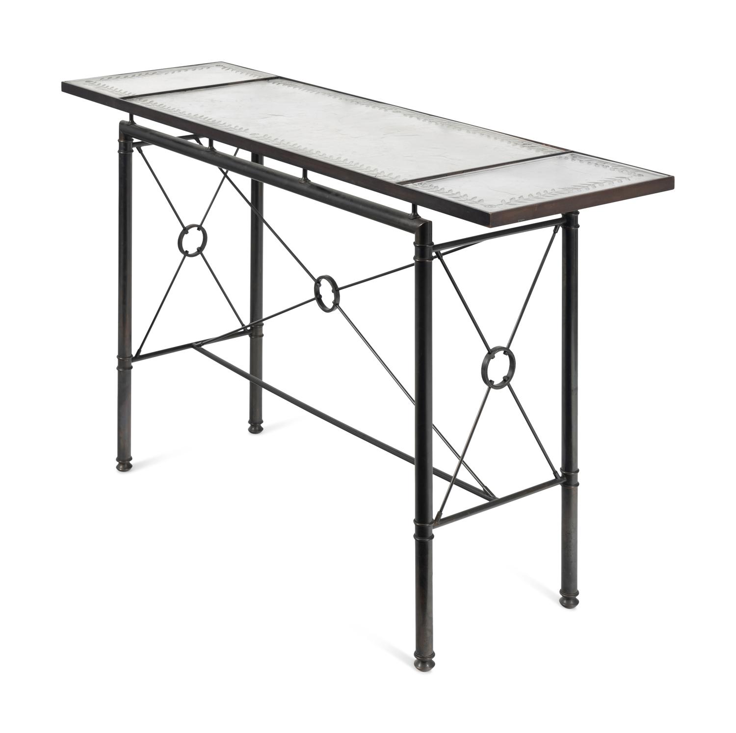 A Pair of Etched Glass-Top Patinated Metal Console Tables