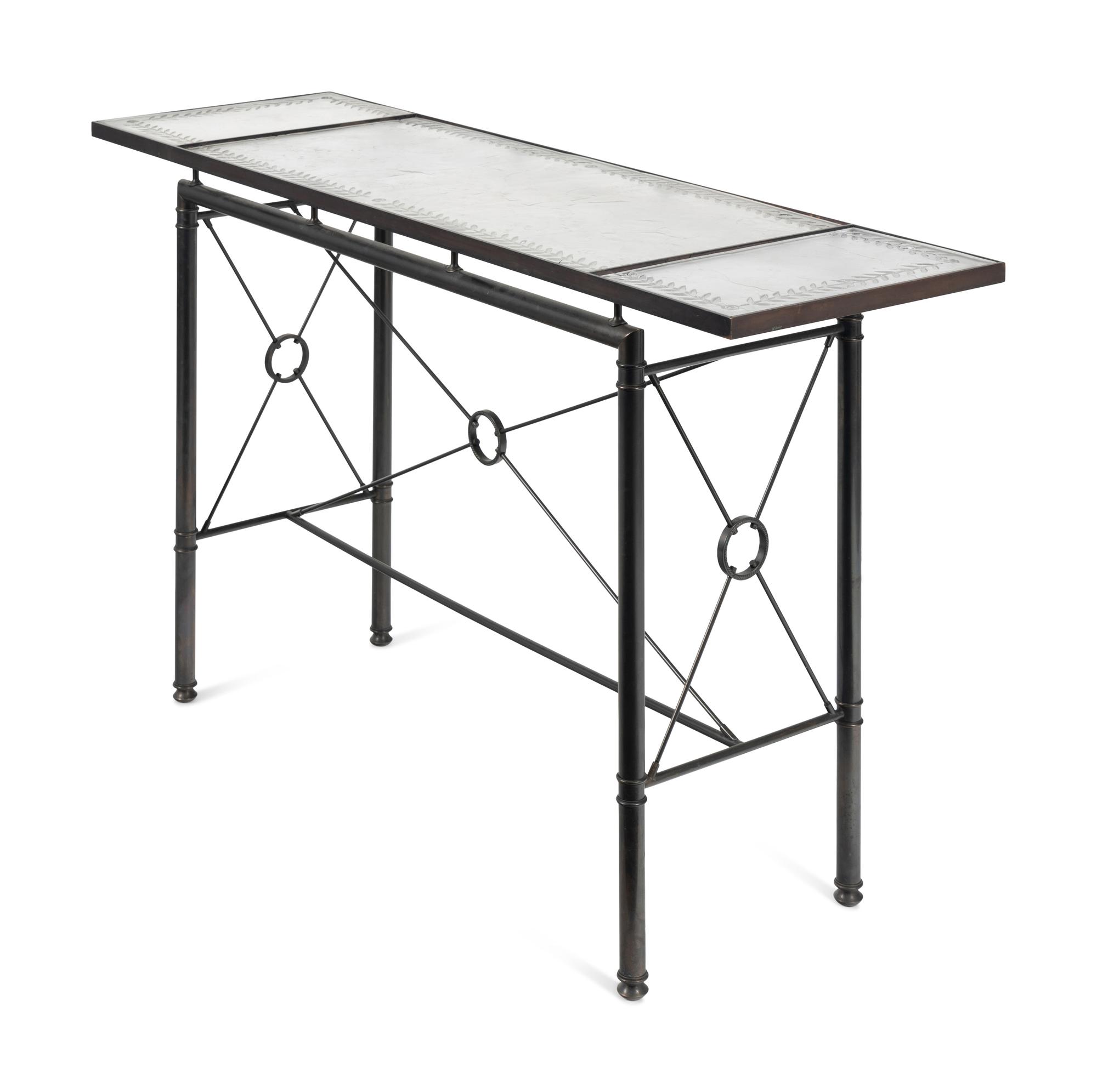 A Pair of Etched Glass-Top Patinated Metal Console Tables