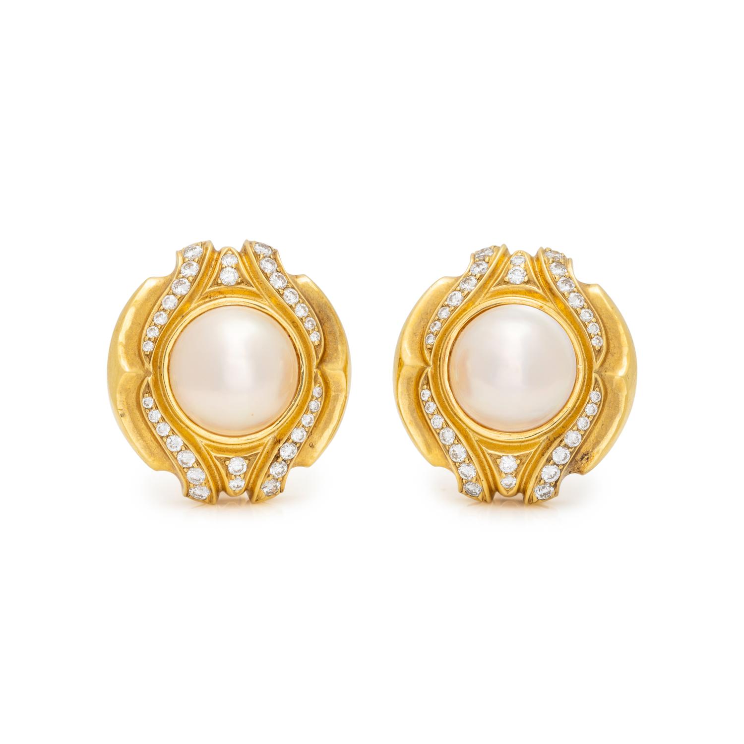 YELLOW GOLD, CULTURED MABE PEARL AND DIAMOND EARCLIPS
