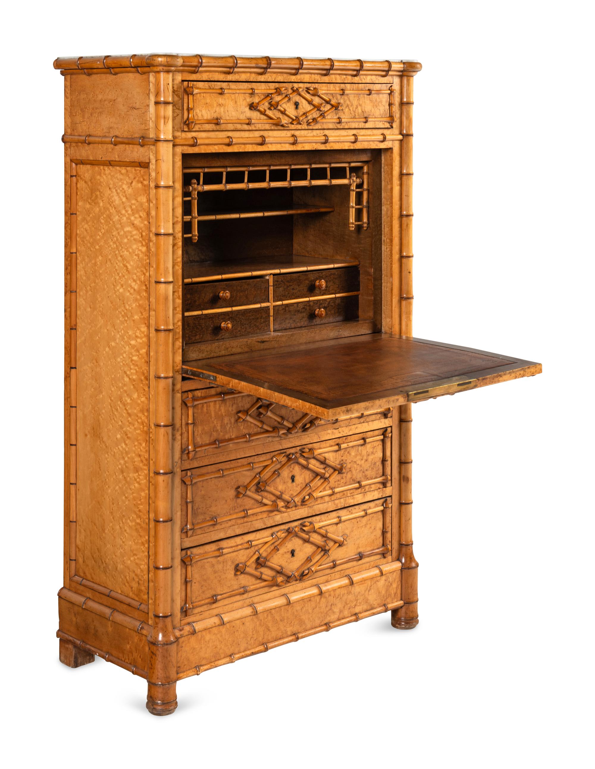 A Victorian Faux Bamboo-Carved Birdseye Maple Bureau Chest