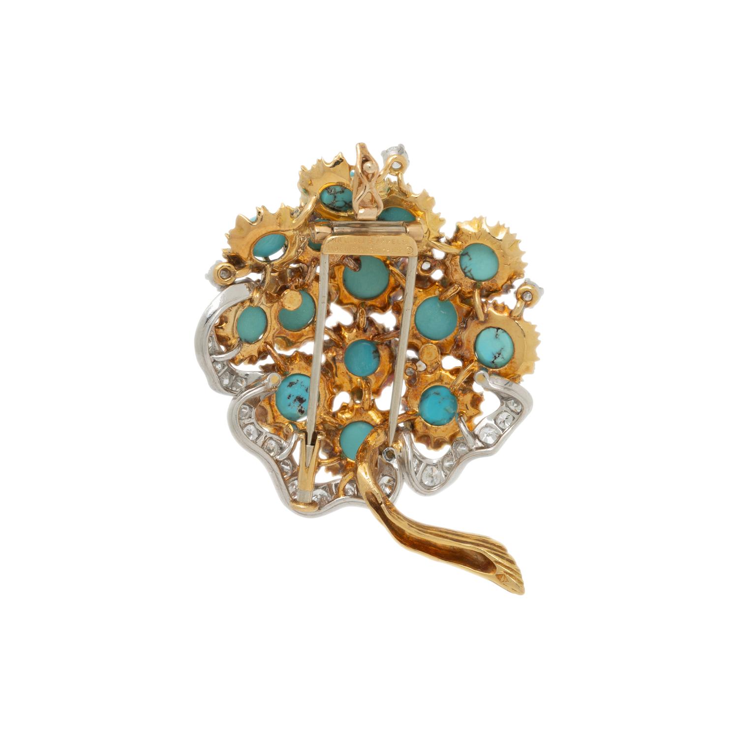 VAN CLEEF & ARPELS, TURQUOISE AND DIAMOND FLOWER BROOCH