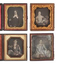 [EARLY PHOTOGRAPHY]. 15 sixth plate daguerreotypes featuring women posed with fans, purses, floral arrangements, and other objects.