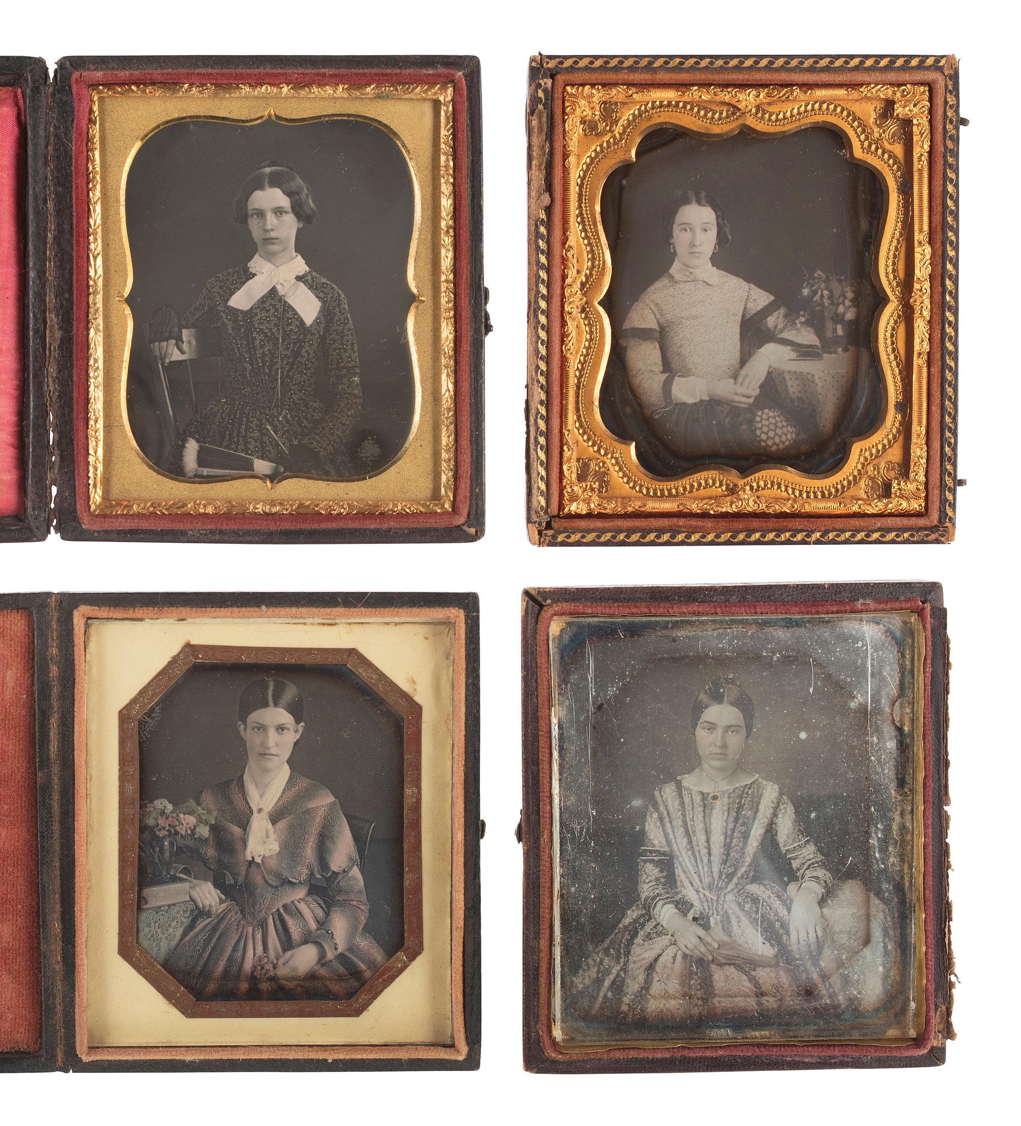 [EARLY PHOTOGRAPHY]. 15 sixth plate daguerreotypes featuring women posed with fans, purses, floral arrangements, and other objects.