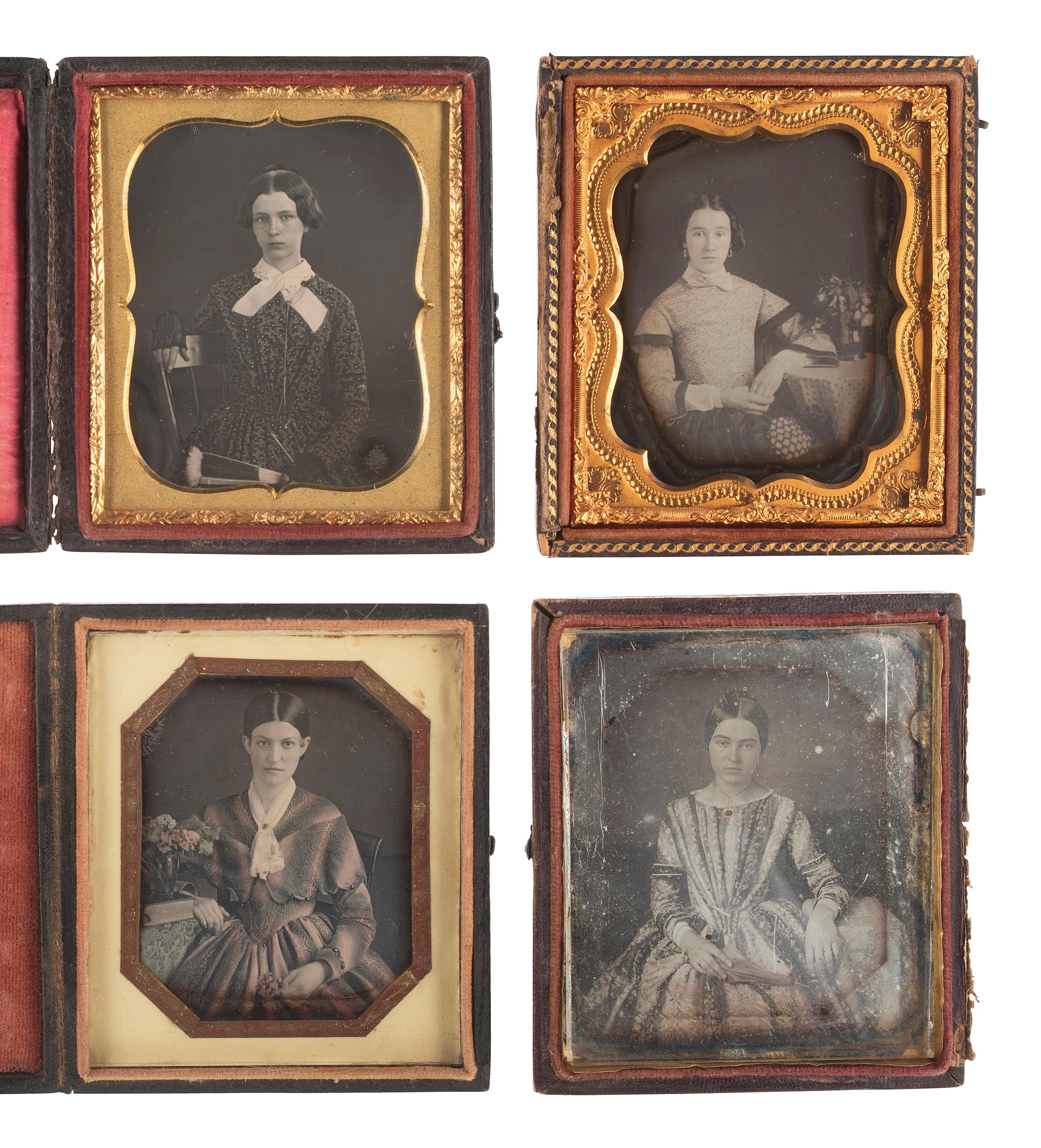 [EARLY PHOTOGRAPHY]. 15 sixth plate daguerreotypes featuring women posed with fans, purses, floral arrangements, and other objects.