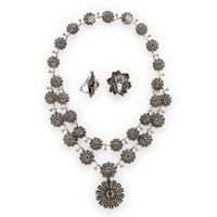 Colored Diamond and Diamond Flower Necklace and Earrings Set