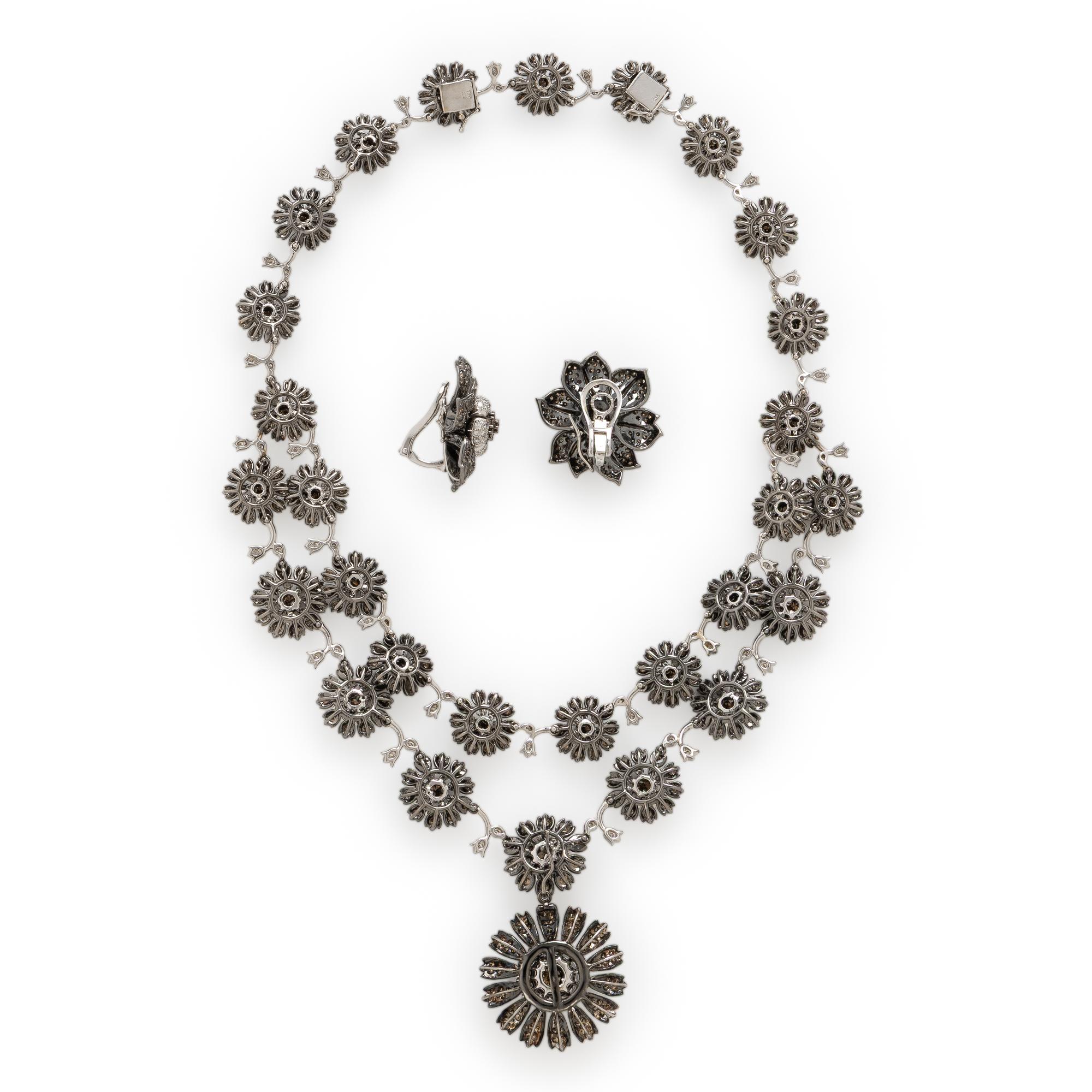 Colored Diamond and Diamond Flower Necklace and Earrings Set