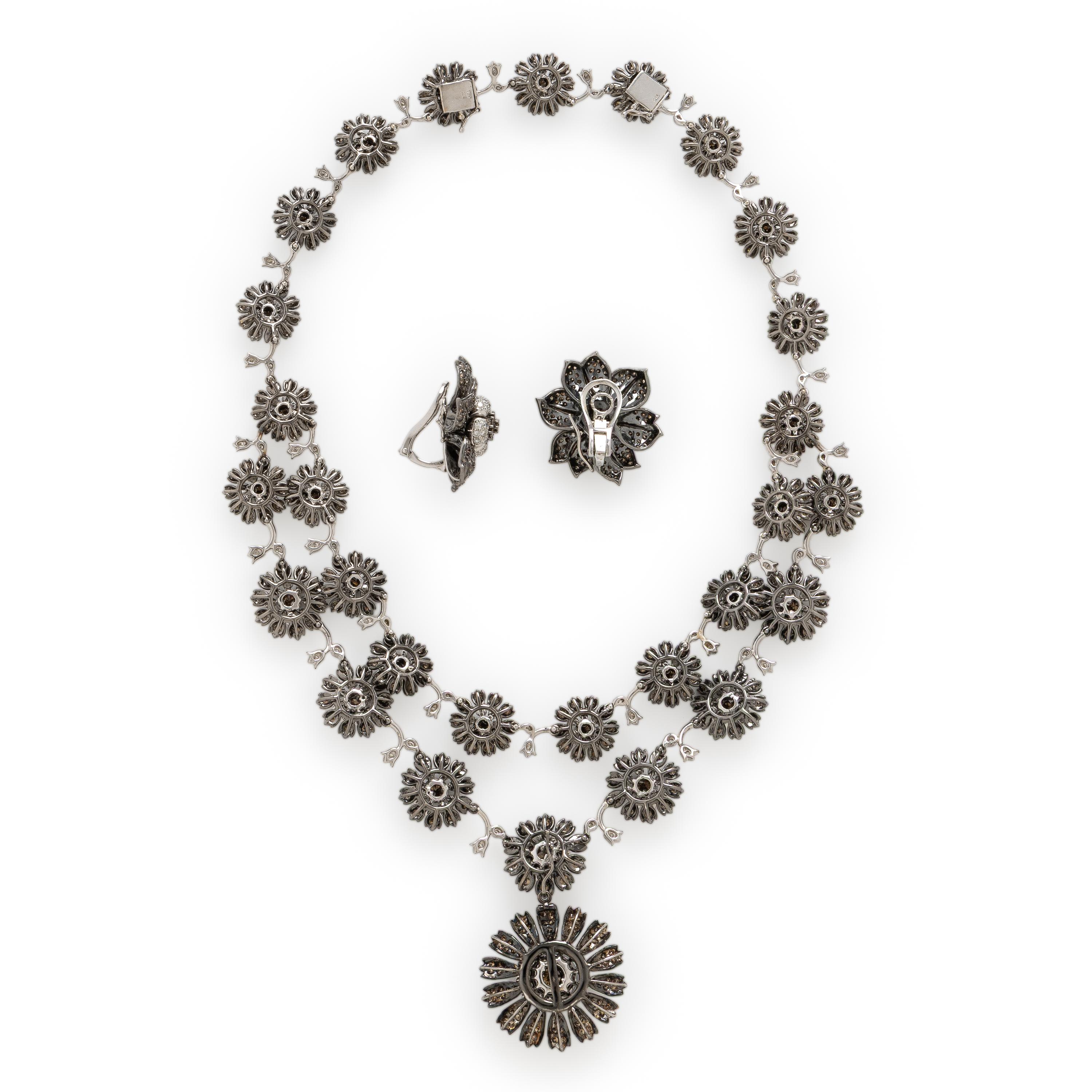 Colored Diamond and Diamond Flower Necklace and Earrings Set